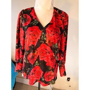 Red Rose floral blouse black silky Romantic V-neck Rachel Zoe (312)